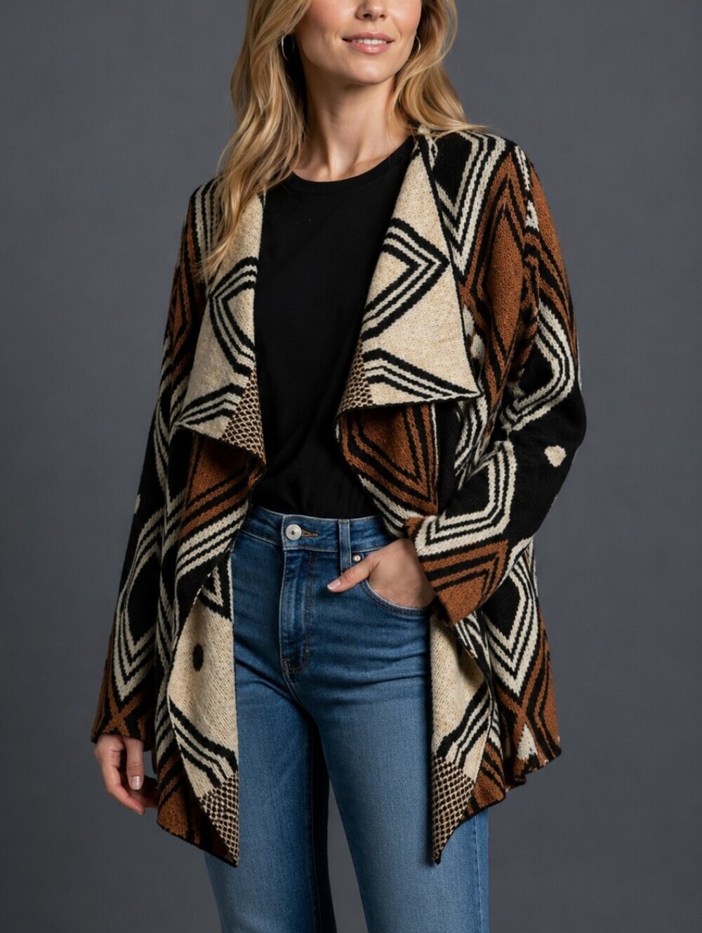 WEST 36TH Geometric Art Deco Draped Grandpa Cardigan Sweater Medium Large